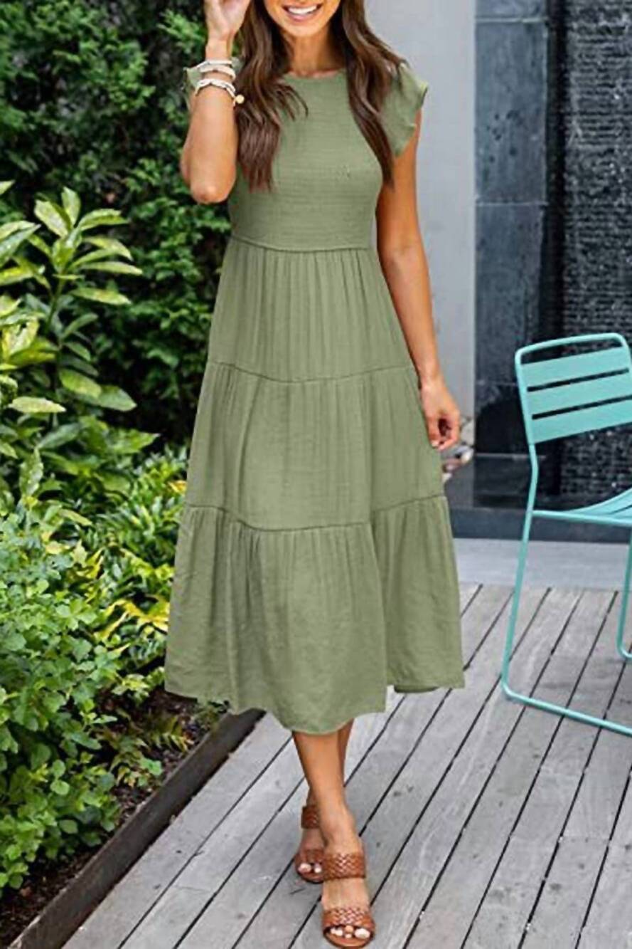 NEW NINEXIS flying sleeve shirred layered short sleeve midi dress in armygreen
